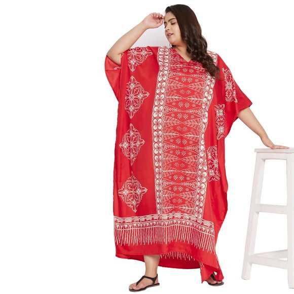 Women Plus Size Fit and Flare Floral Red Kaftan Maxi Dress by Gypsie Blu - Picture 1 of 6